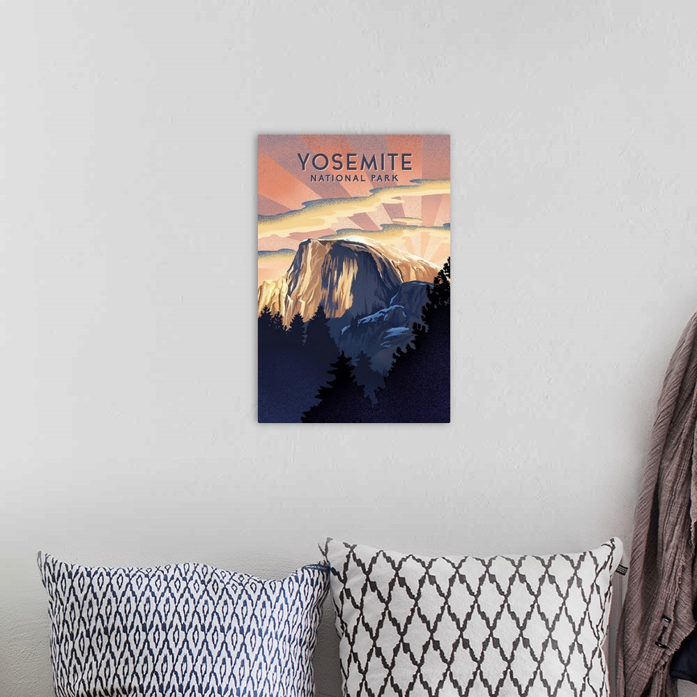 A bohemian room featuring Yosemite National Park, Half Dome Sunrise: Retro Travel Poster