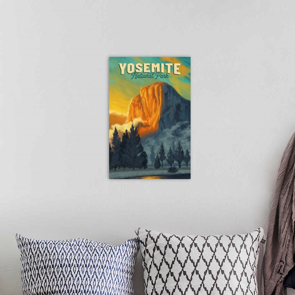 A bohemian room featuring Yosemite National Park, Natural Landscape: Retro Travel Poster