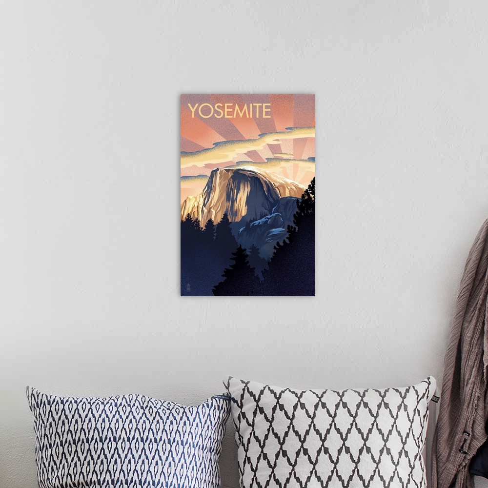 A bohemian room featuring Yosemite National Park, Sunrise Over Half Dome: Retro Travel Poster