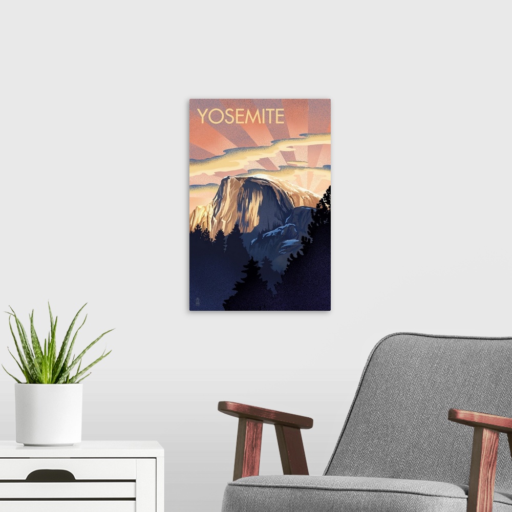 A modern room featuring Yosemite National Park, Sunrise Over Half Dome: Retro Travel Poster