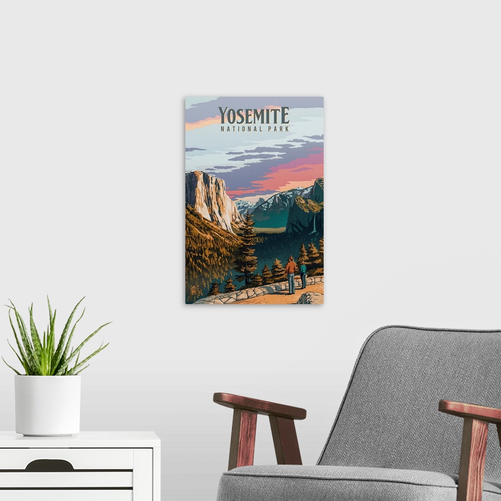 A modern room featuring Yosemite National Park, Valley View: Retro Travel Poster