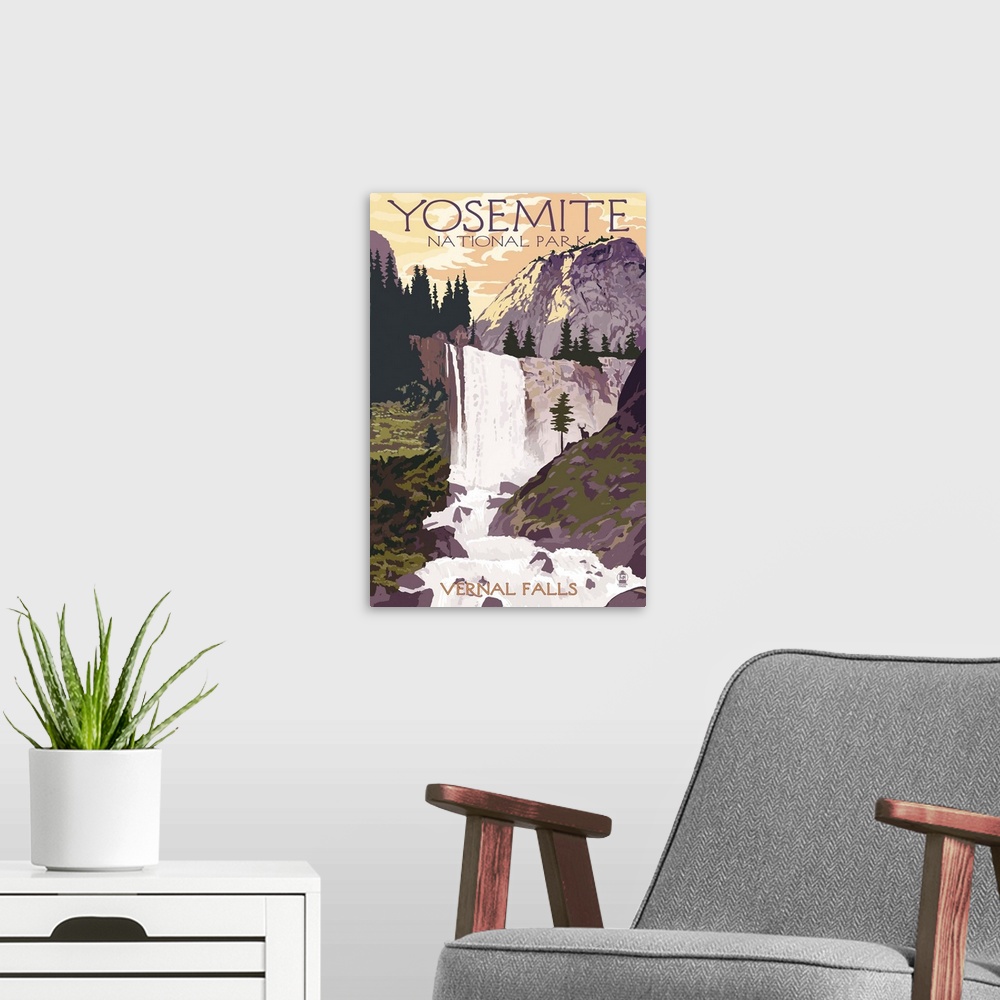 A modern room featuring Yosemite National Park, Vernal Falls: Retro Travel Poster