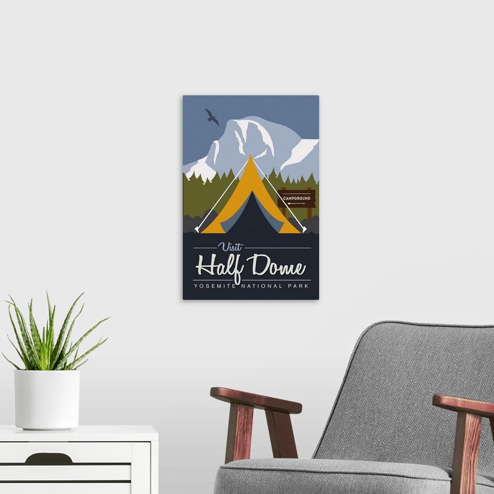 A modern room featuring Yosemite National Park, Visit Half Dome: Graphic Travel Poster