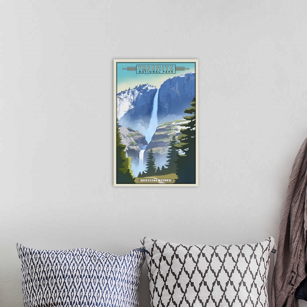 A bohemian room featuring Yosemite National Park, Yosemite Falls: Retro Travel Poster