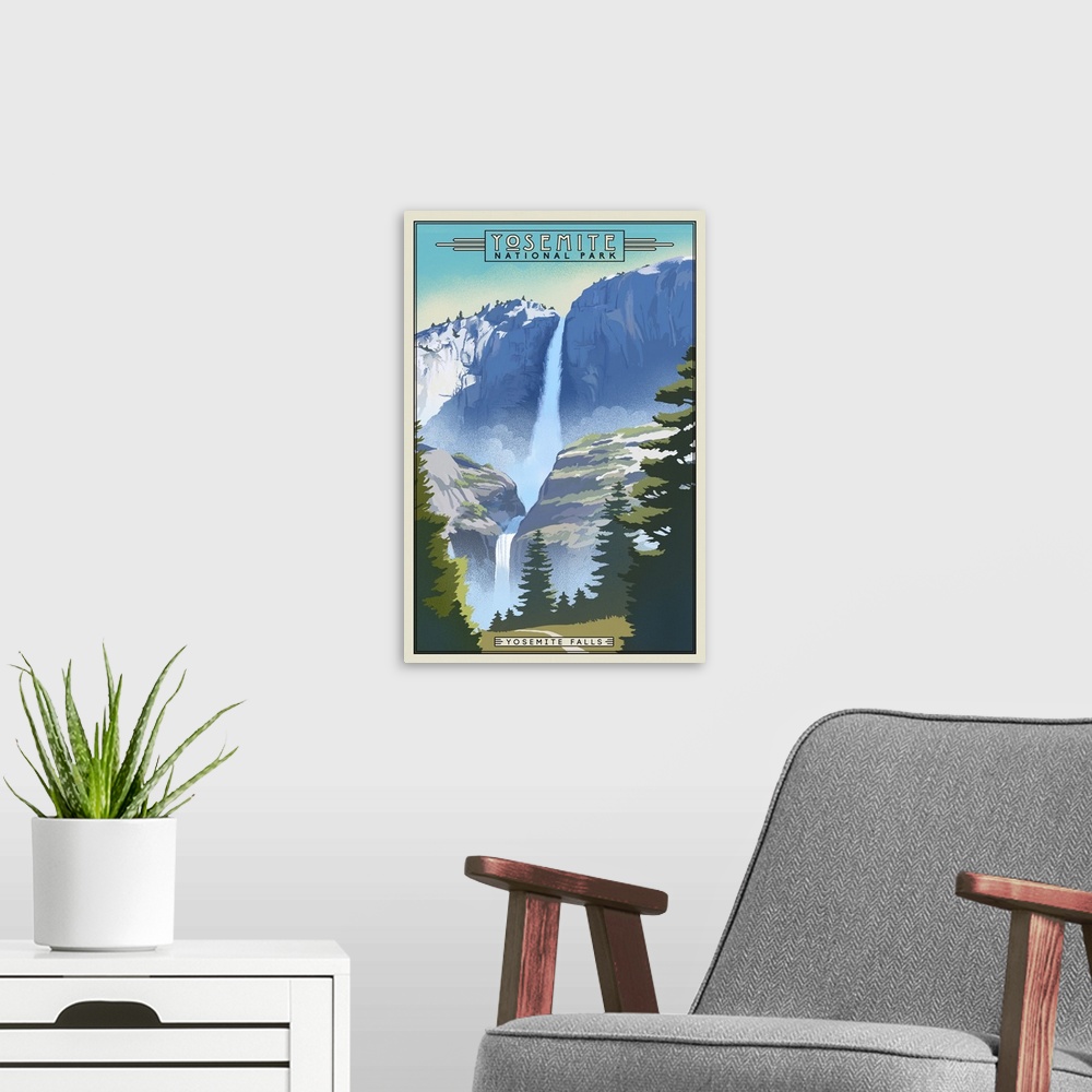 A modern room featuring Yosemite National Park, Yosemite Falls: Retro Travel Poster