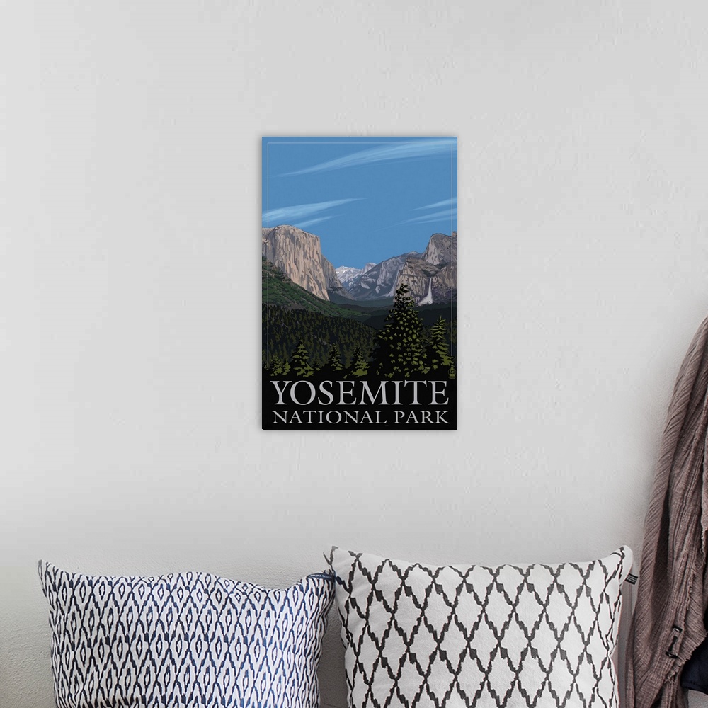 A bohemian room featuring Yosemite Valley Scene, California: Retro Travel Poster