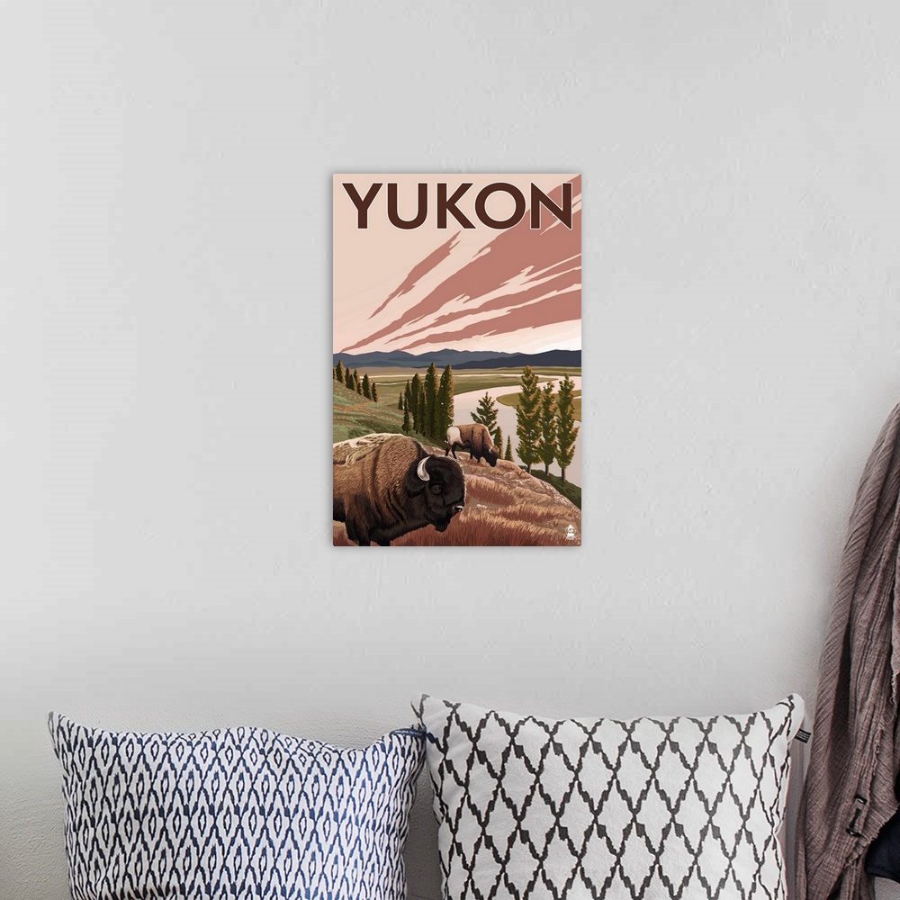 A bohemian room featuring Yukon, Canada - Bison and River: Retro Travel Poster