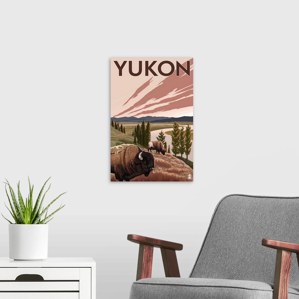 A modern room featuring Yukon, Canada - Bison and River: Retro Travel Poster