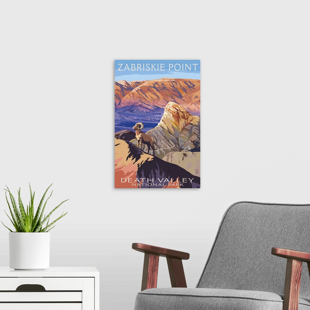A modern room featuring Zabriskie Point and Big Horns - Death Valley National Park: Retro Travel Poster