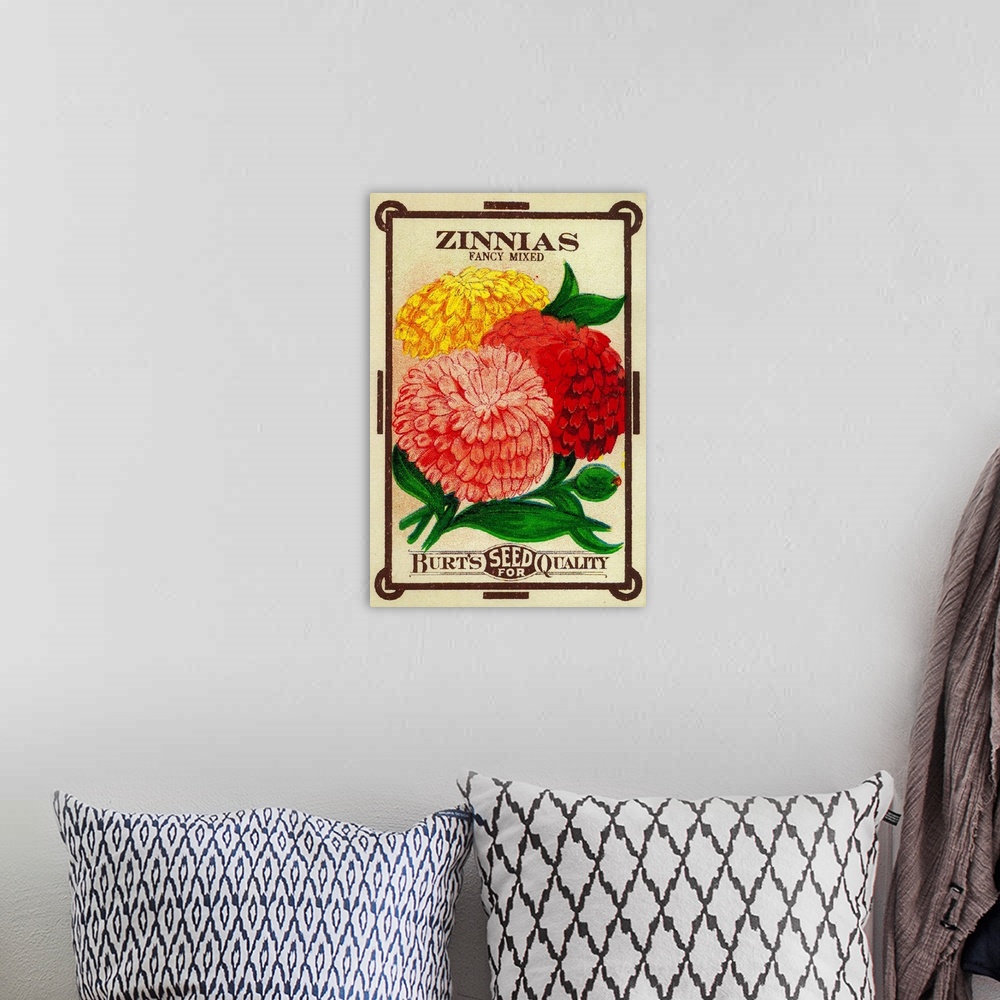 A bohemian room featuring A vintage label from a seed packet for Zinnias.