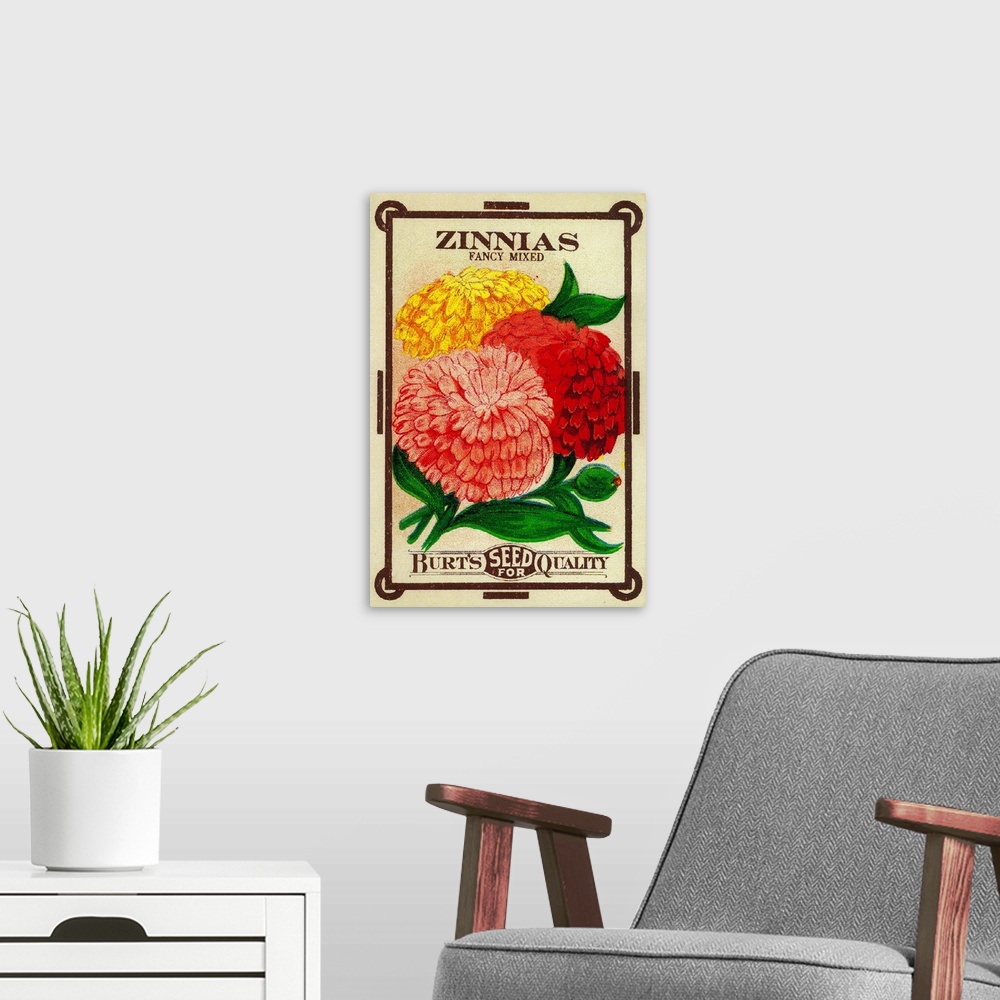 A modern room featuring A vintage label from a seed packet for Zinnias.