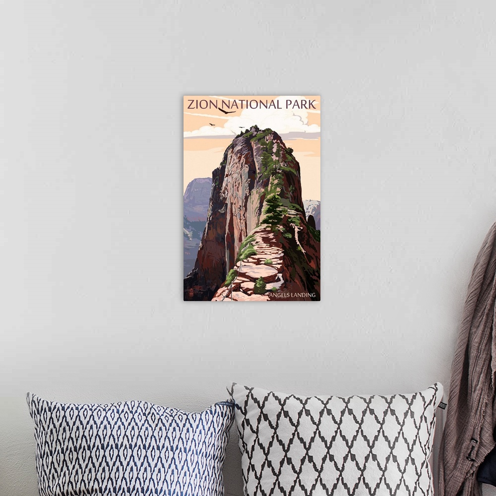 A bohemian room featuring Zion National Park - Angels Landing and Condors: Retro Travel Poster