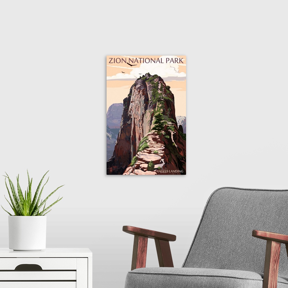 A modern room featuring Zion National Park - Angels Landing and Condors: Retro Travel Poster