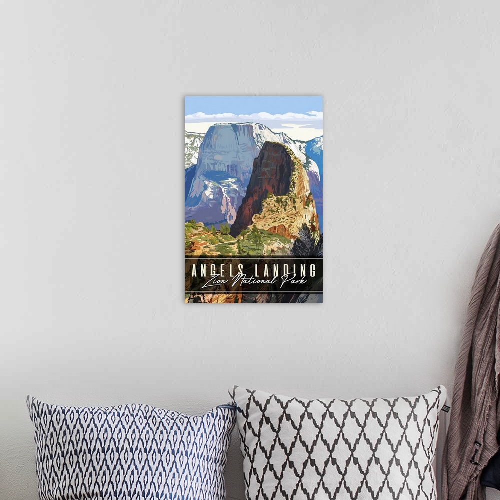 A bohemian room featuring Zion National Park, Angels Landing: Graphic Travel Poster