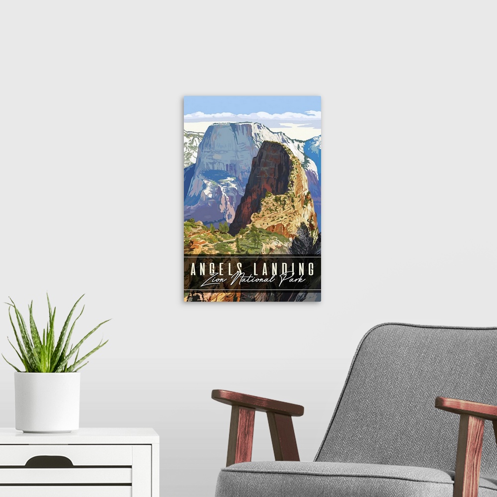 A modern room featuring Zion National Park, Angels Landing: Graphic Travel Poster
