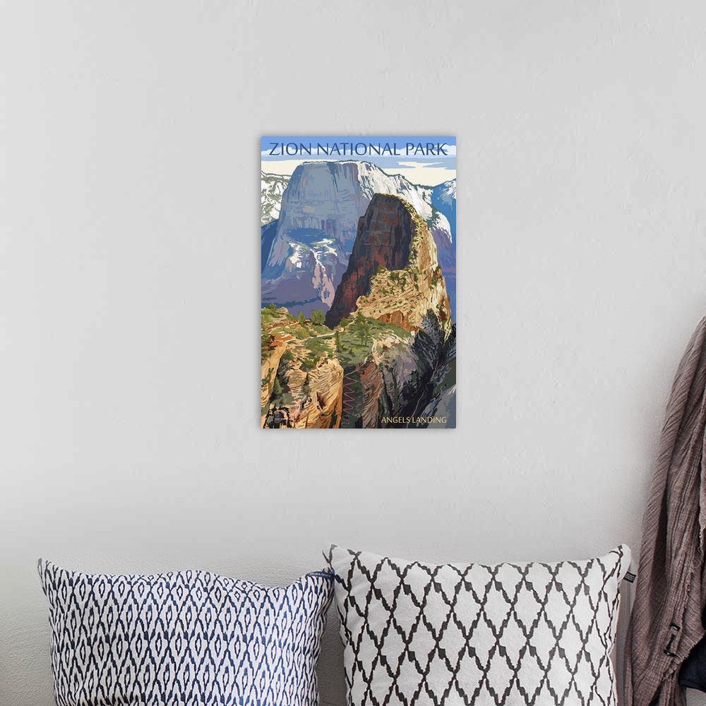 A bohemian room featuring Zion National Park - Angels Landing: Retro Travel Poster