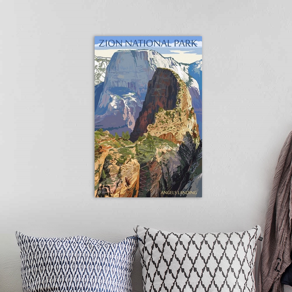 A bohemian room featuring Zion National Park - Angels Landing: Retro Travel Poster
