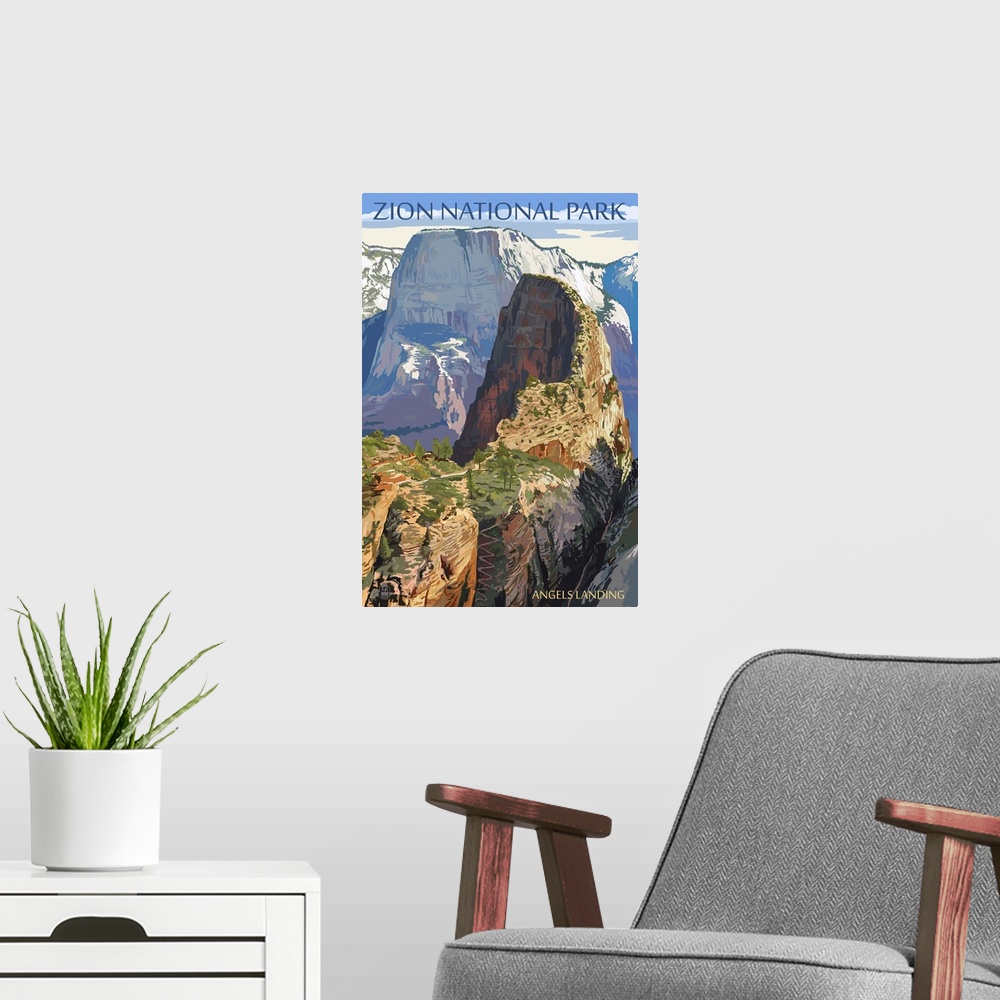 A modern room featuring Zion National Park - Angels Landing: Retro Travel Poster