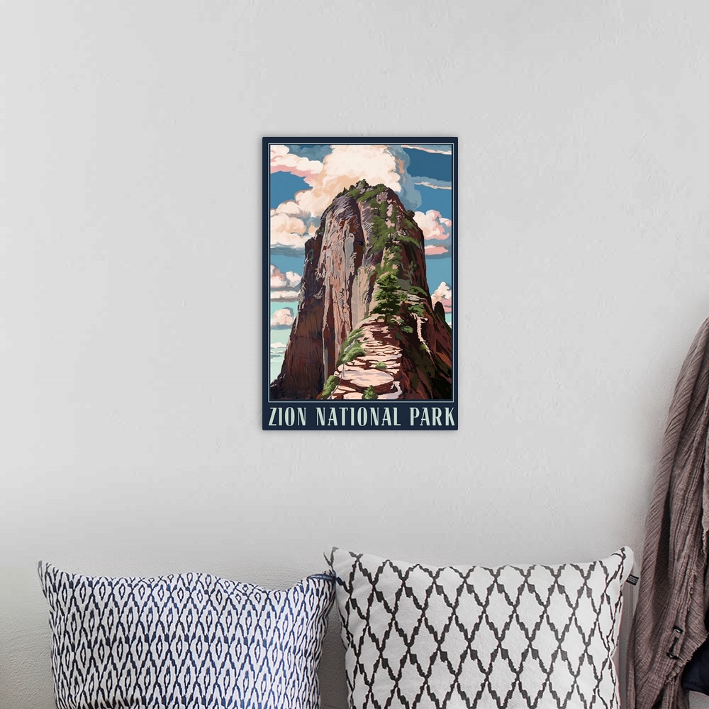 A bohemian room featuring Zion National Park, Angels Landing: Retro Travel Poster