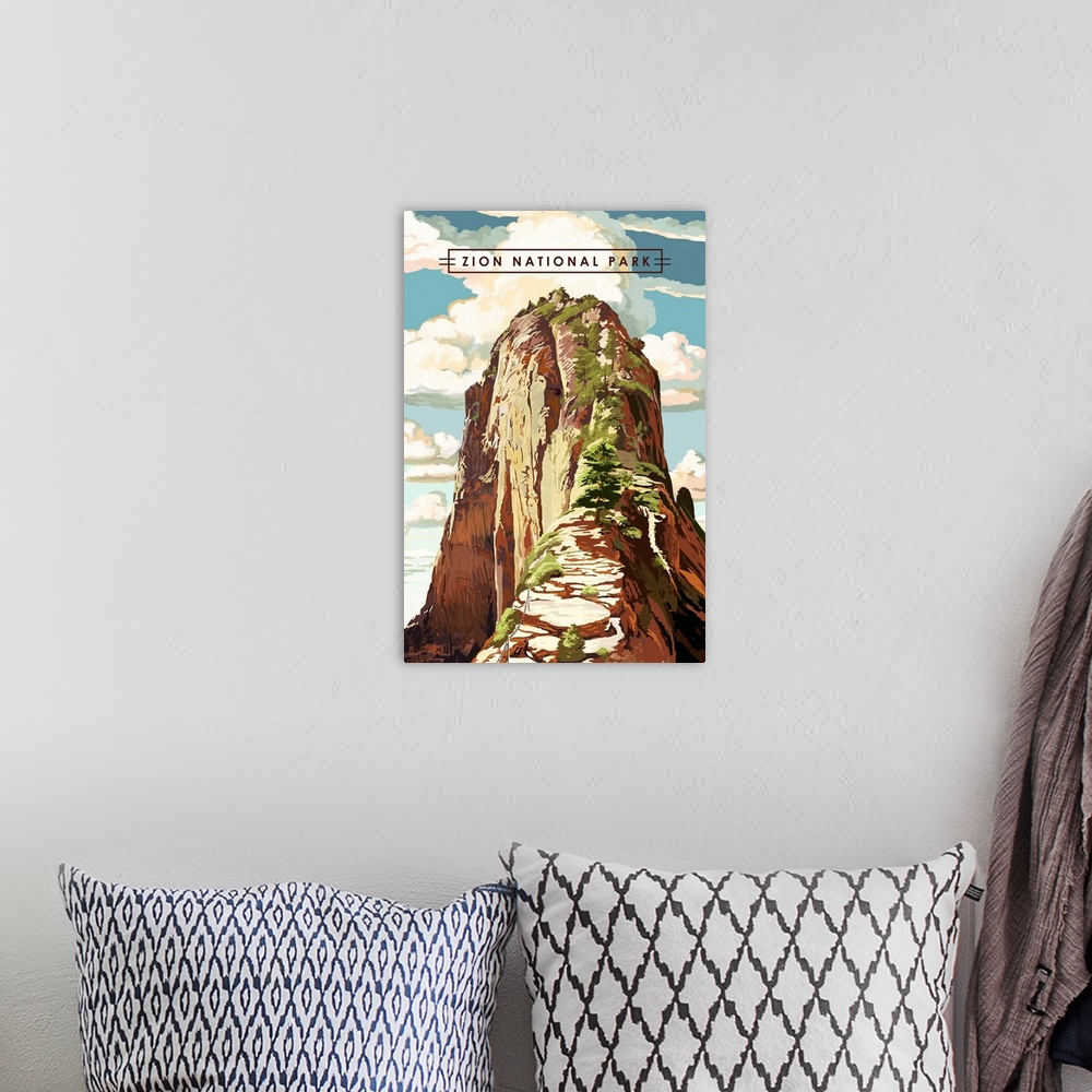 A bohemian room featuring Zion National Park, Angels Landing: Retro Travel Poster