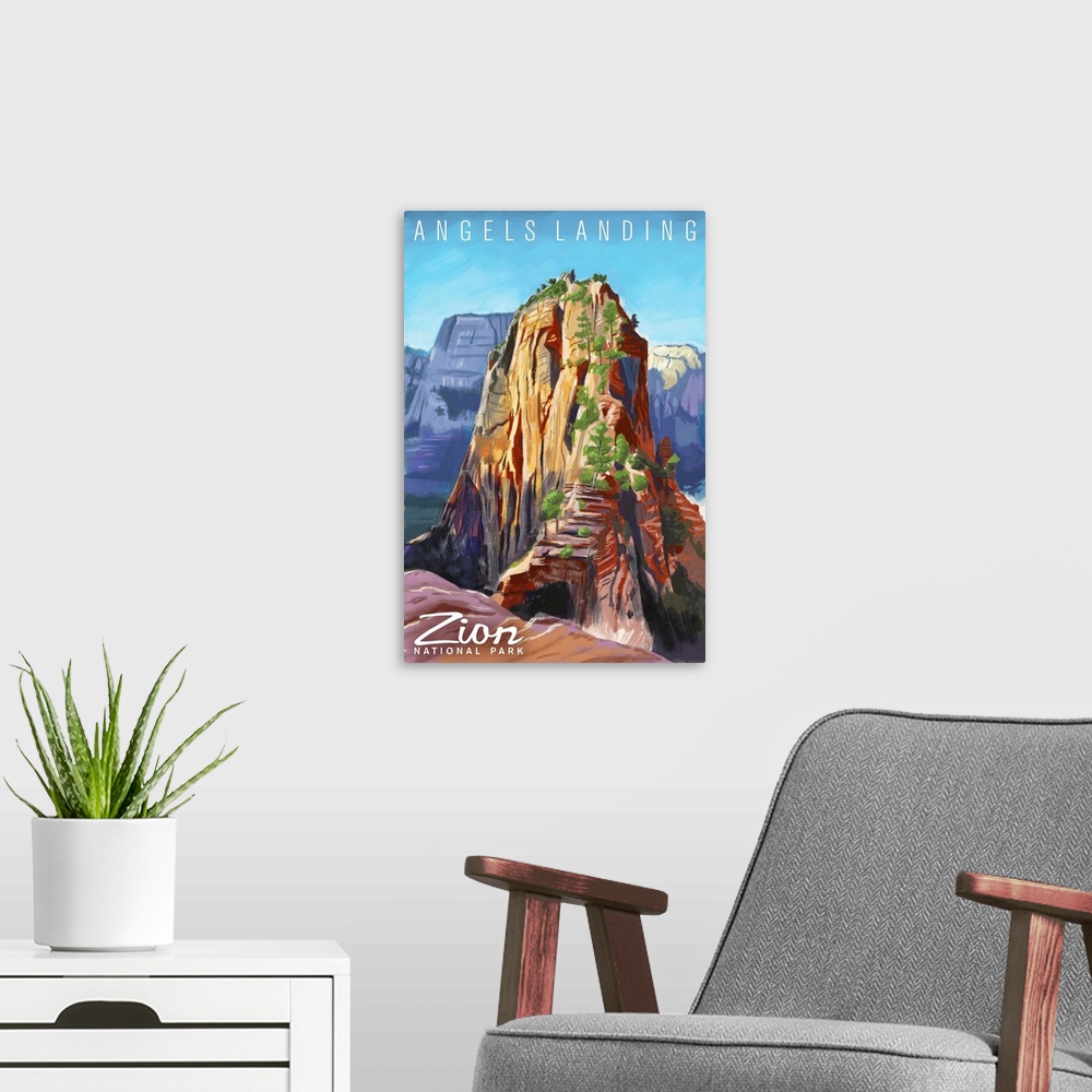 A modern room featuring Zion National Park, Angels Landing: Retro Travel Poster