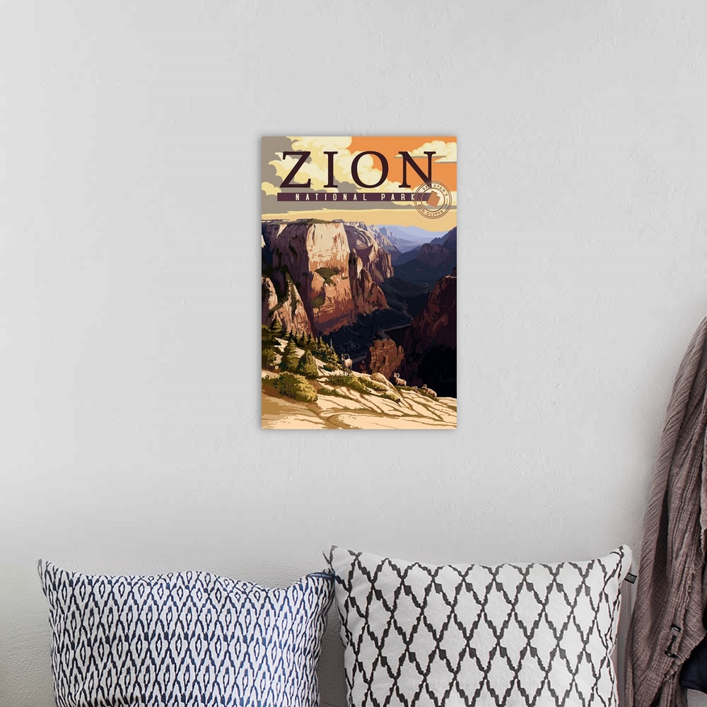 A bohemian room featuring Zion National Park, Canyon View: Retro Travel Poster