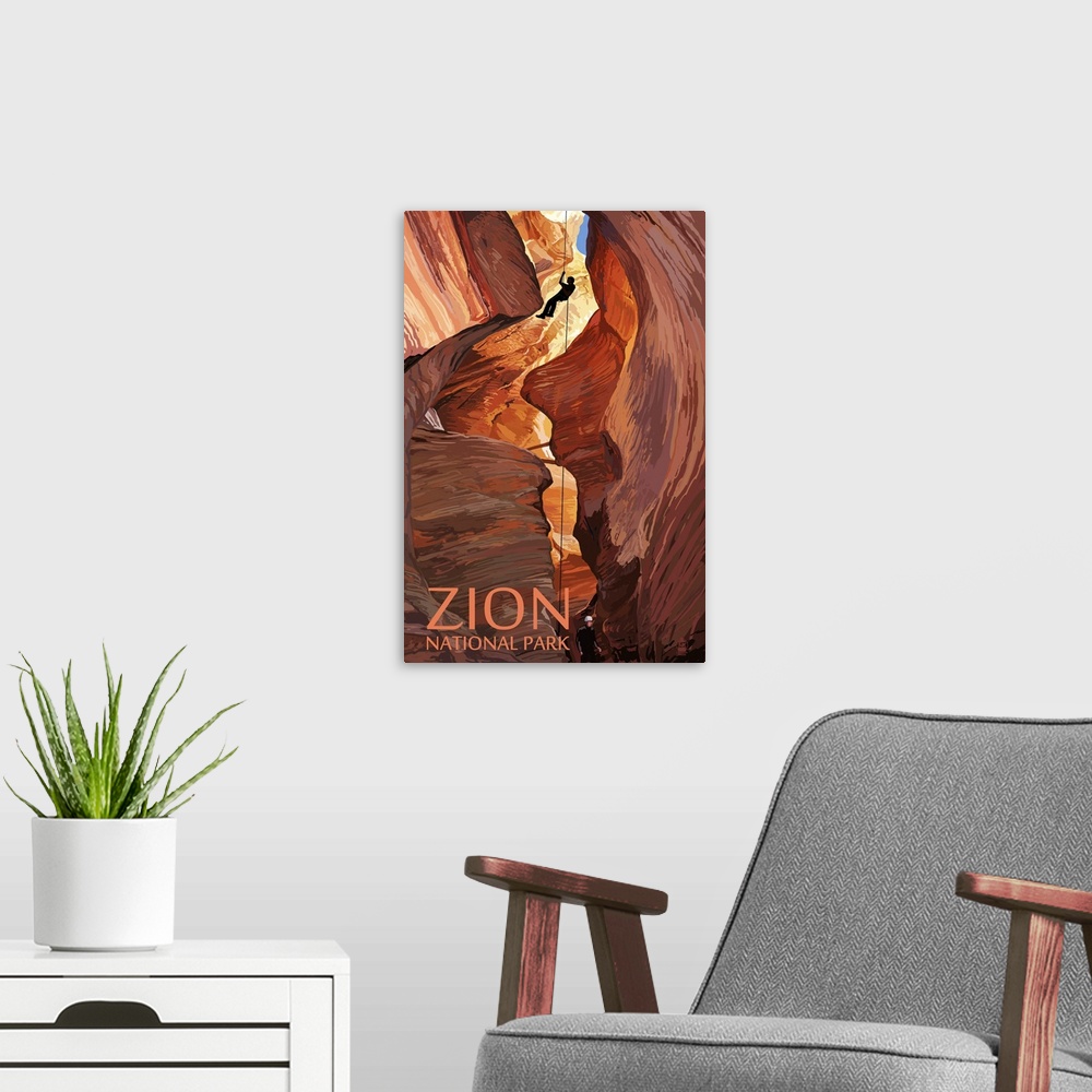 A modern room featuring Zion National Park - Canyoneering Scene: Retro Travel Poster