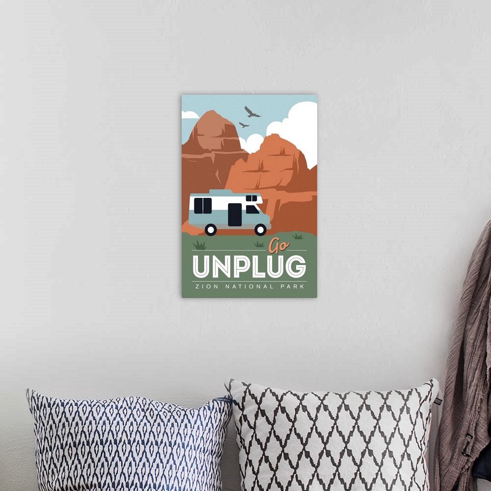 A bohemian room featuring Zion National Park, Go Unplug: Graphic Travel Poster