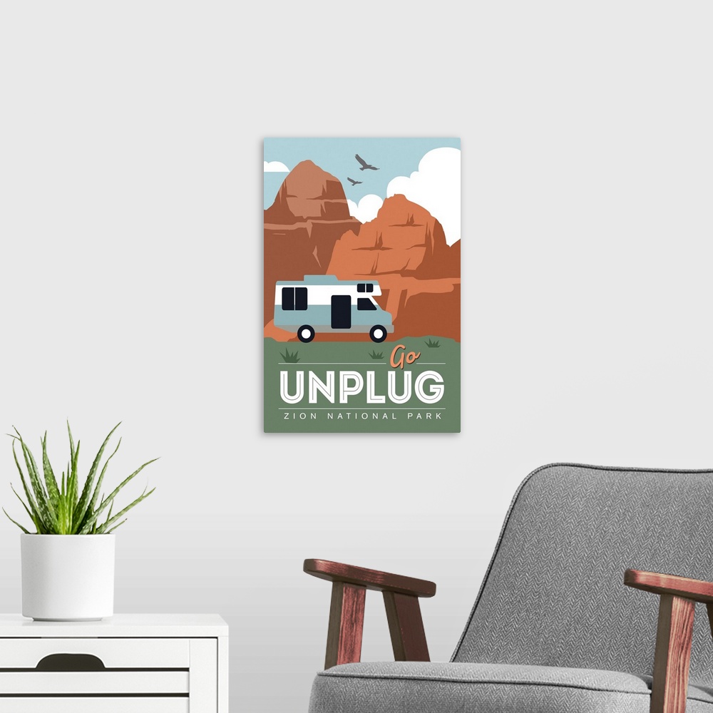 A modern room featuring Zion National Park, Go Unplug: Graphic Travel Poster