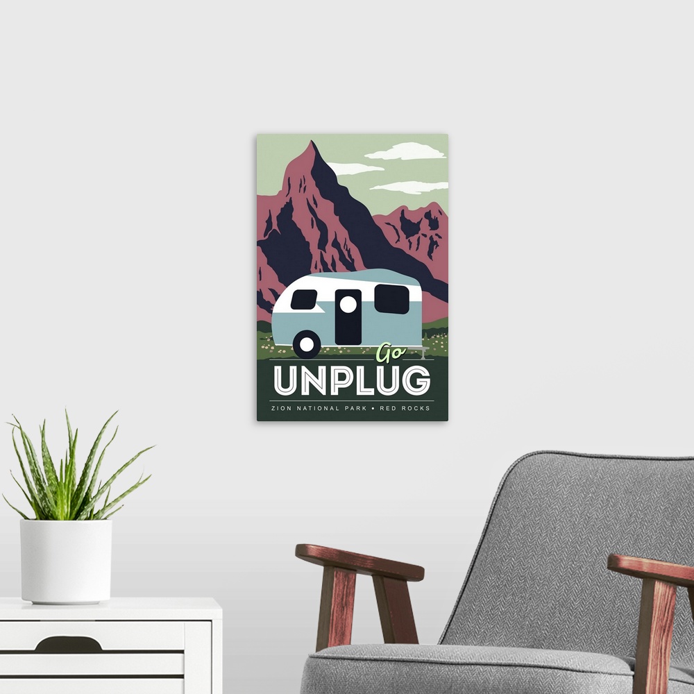 A modern room featuring Zion National Park, Go Unplug: Graphic Travel Poster