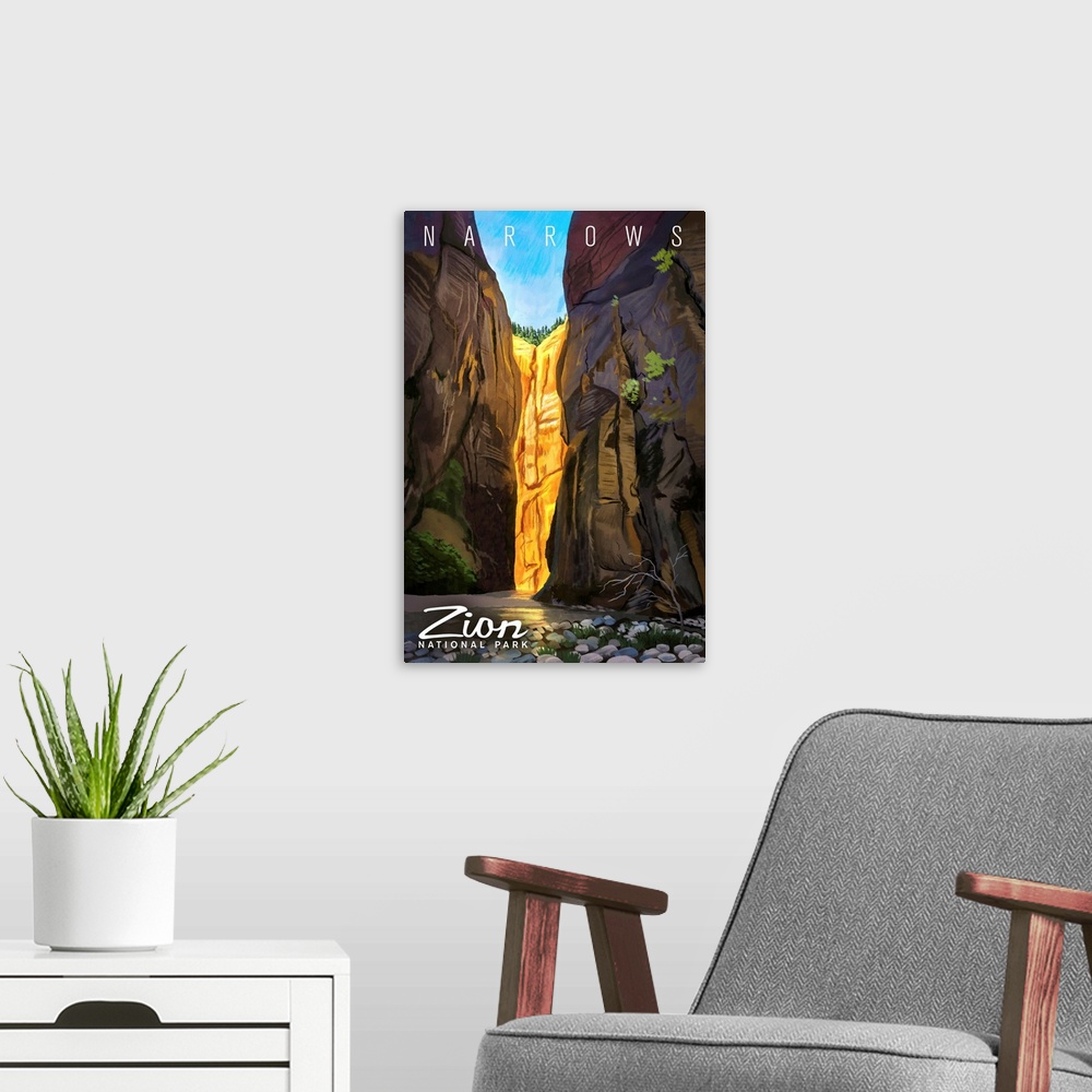 A modern room featuring Zion National Park, Narrows: Retro Travel Poster