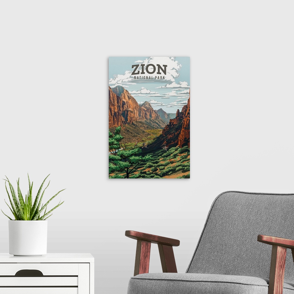 A modern room featuring Zion National Park, Natural Landscape: Retro Travel Poster