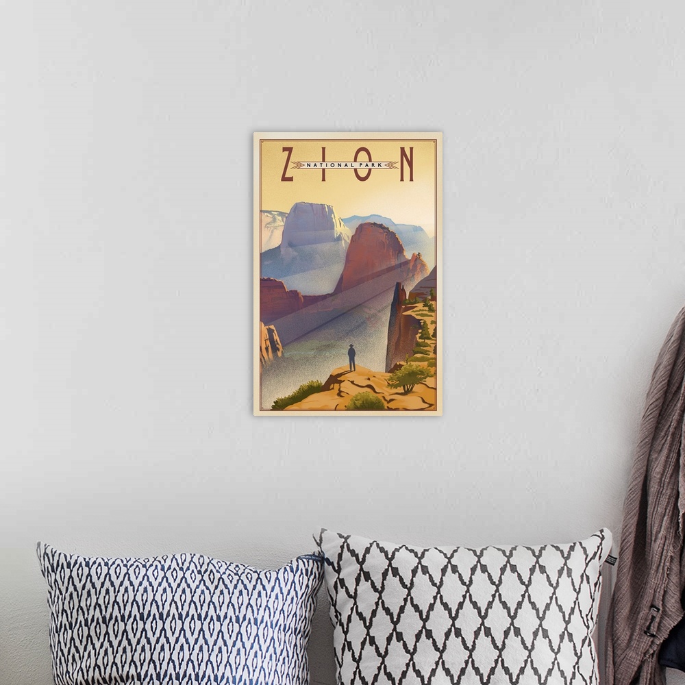 A bohemian room featuring Zion National Park, Sunrise Over Canyon: Retro Travel Poster