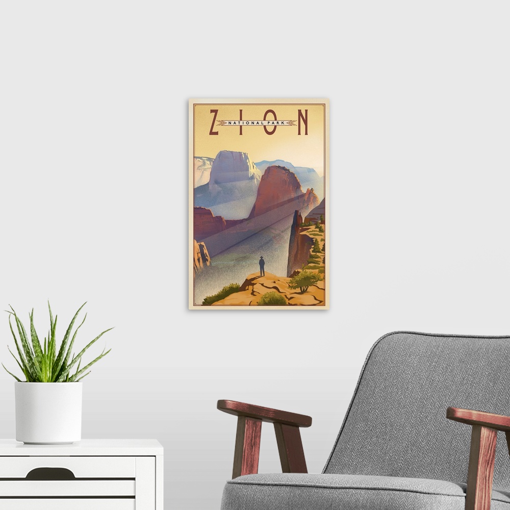 A modern room featuring Zion National Park, Sunrise Over Canyon: Retro Travel Poster