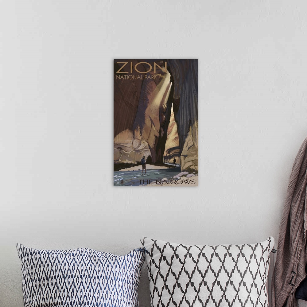 A bohemian room featuring Zion National Park - The Narrows: Retro Travel Poster