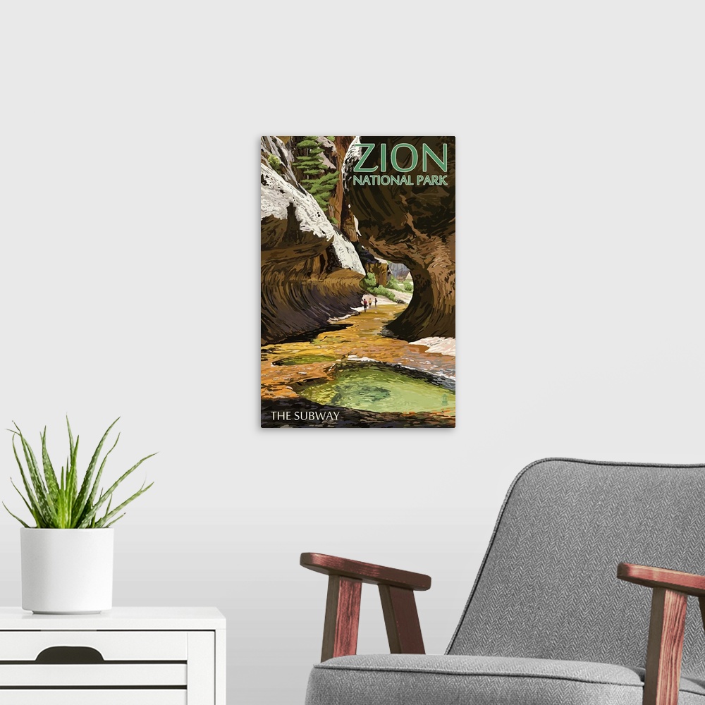 A modern room featuring Zion National Park - The Subway: Retro Travel Poster