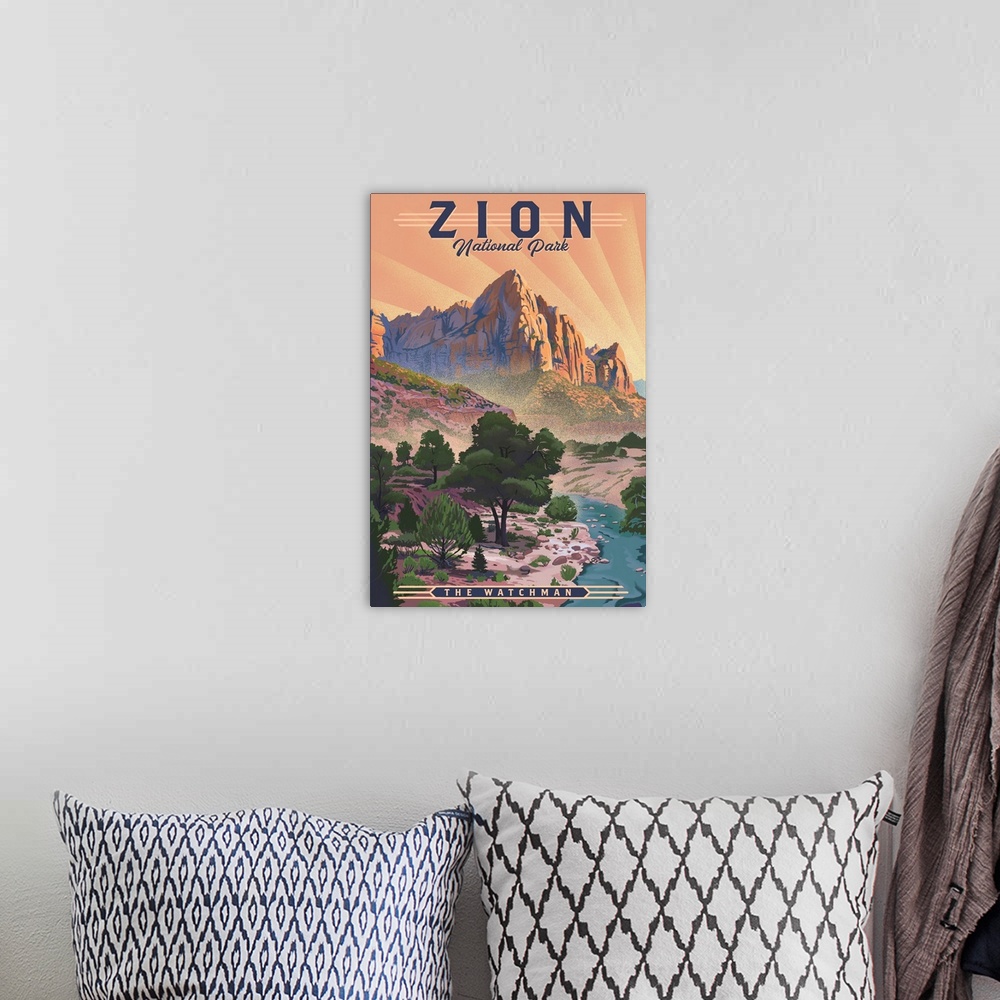 A bohemian room featuring Zion National Park, The Watchman: Retro Travel Poster