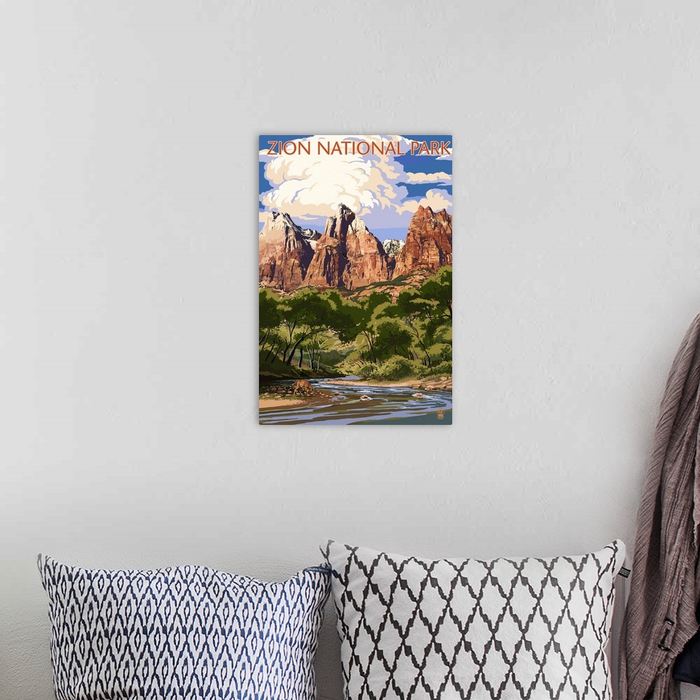 A bohemian room featuring Zion National Park - Virgin River and Peaks: Retro Travel Poster