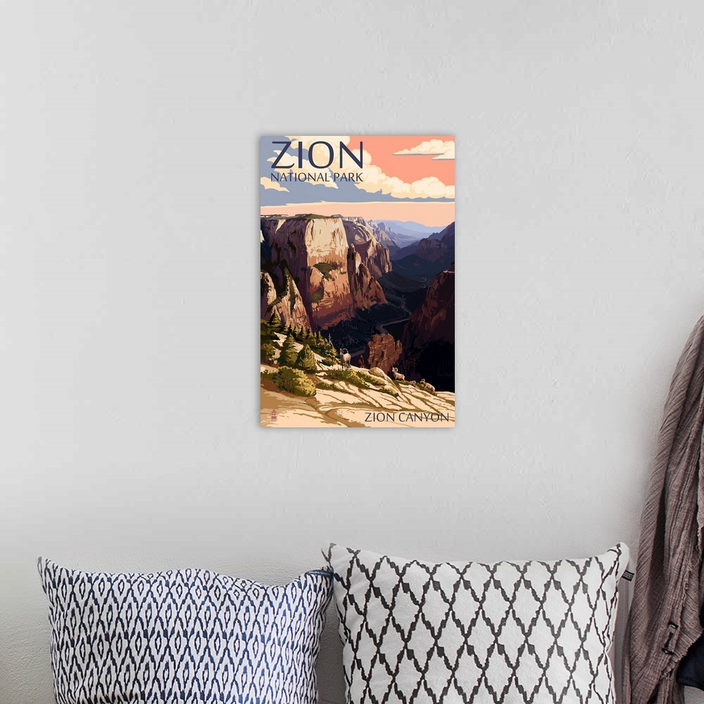 A bohemian room featuring Zion National Park - Zion Canyon Sunset: Retro Travel Poster