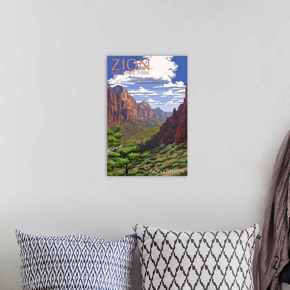 A bohemian room featuring Zion National Park - Zion Canyon View: Retro Travel Poster