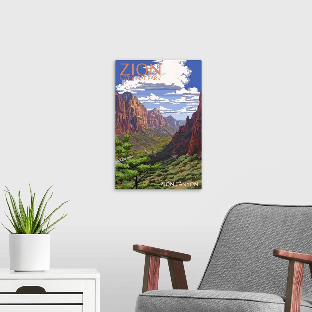 A modern room featuring Zion National Park - Zion Canyon View: Retro Travel Poster
