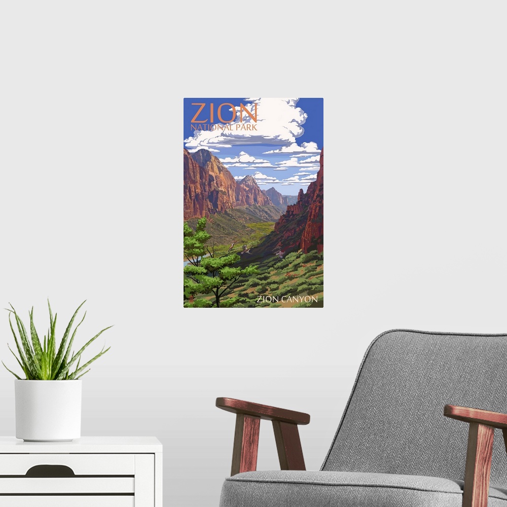 A modern room featuring Zion National Park - Zion Canyon View: Retro Travel Poster