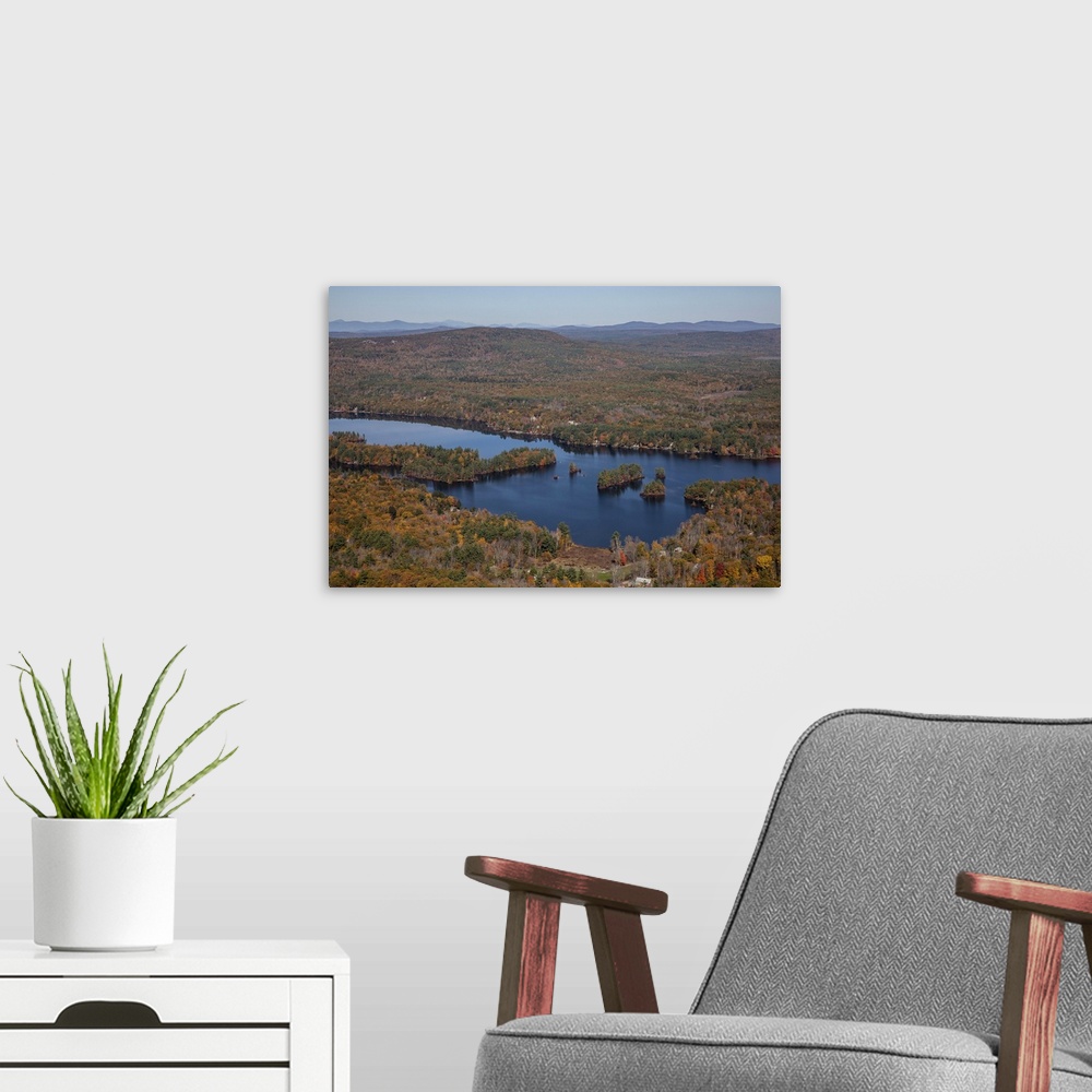 A modern room featuring Bow Lake, Northwood, New Hampshire, USA - Aerial Photograph