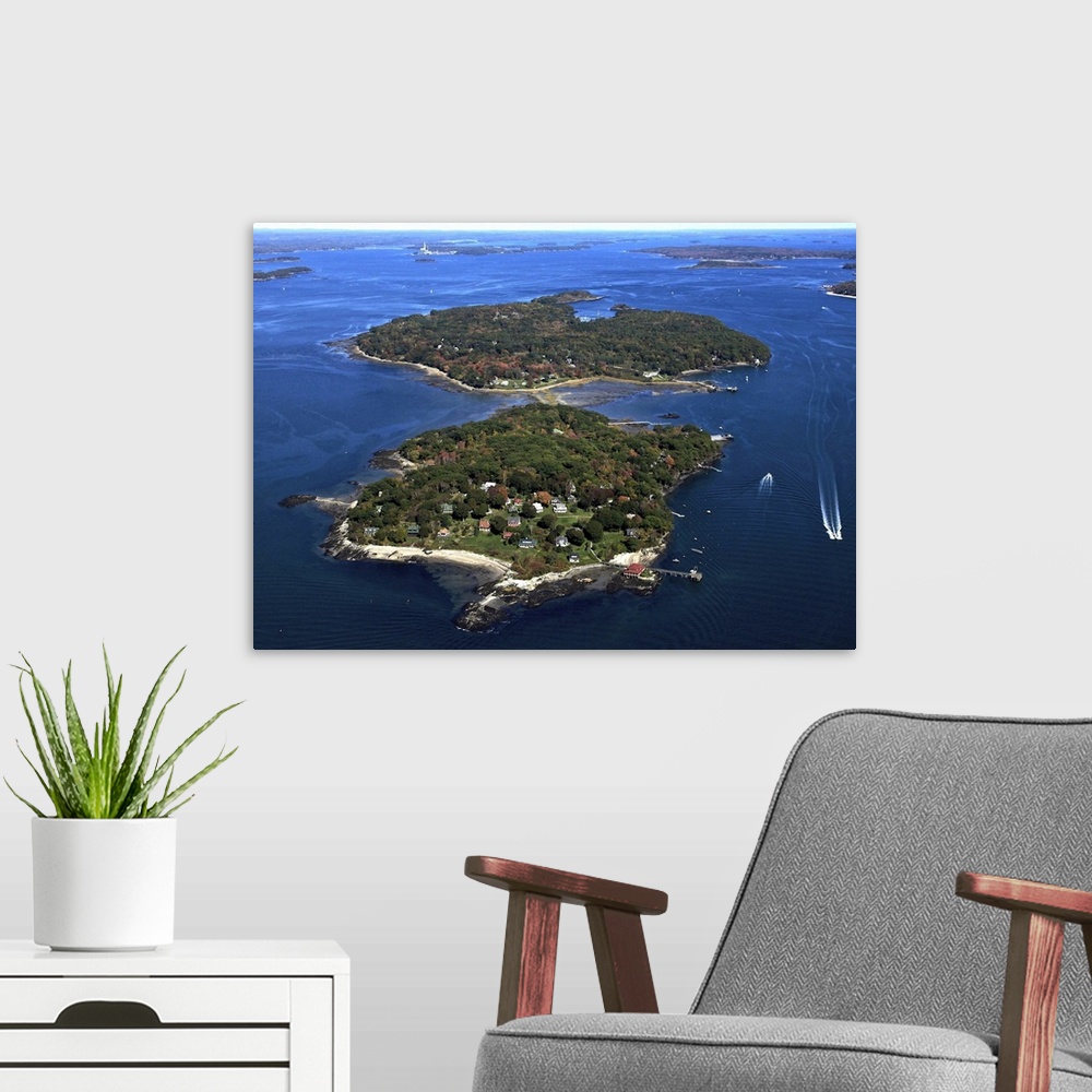 A modern room featuring Casco Bay Islands, Portland, Maine, USA - Aerial Photograph