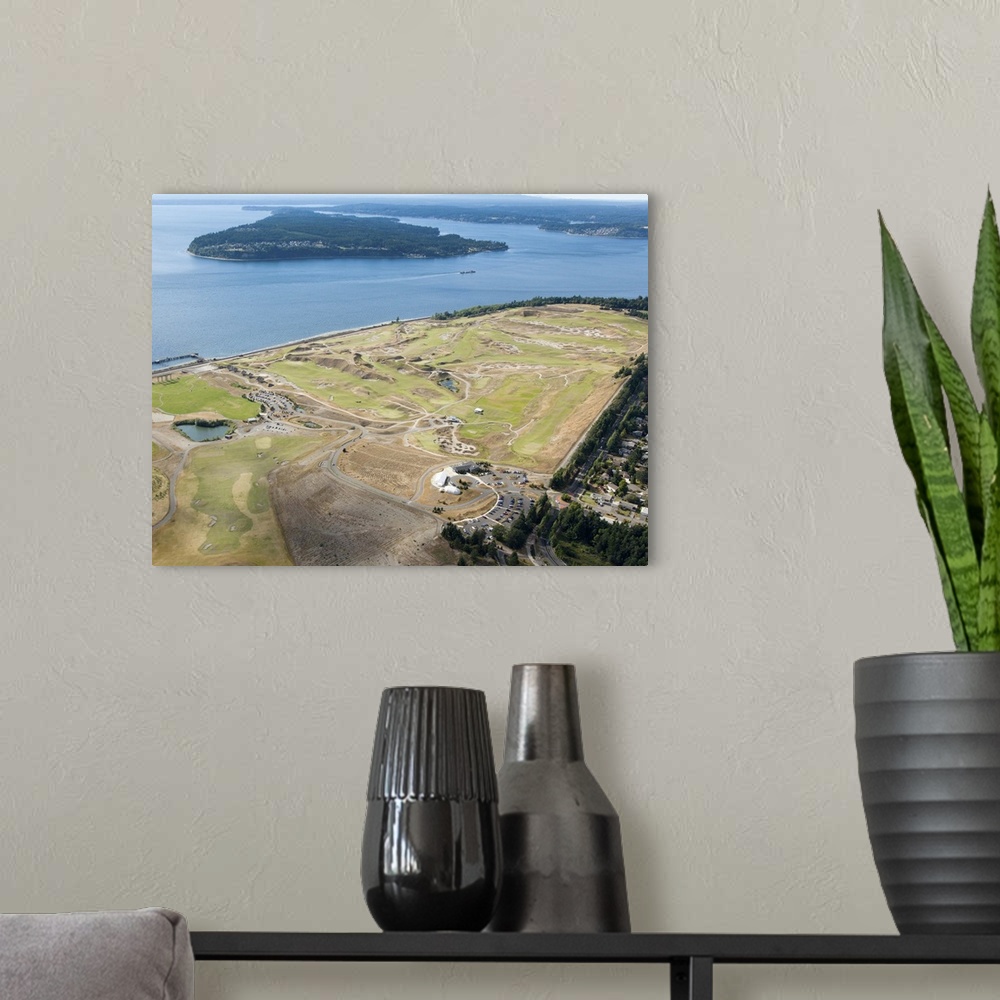 A modern room featuring aerial view of Chambers Bay Golf Course, site of the 2015 US Open Championship; University Place,...