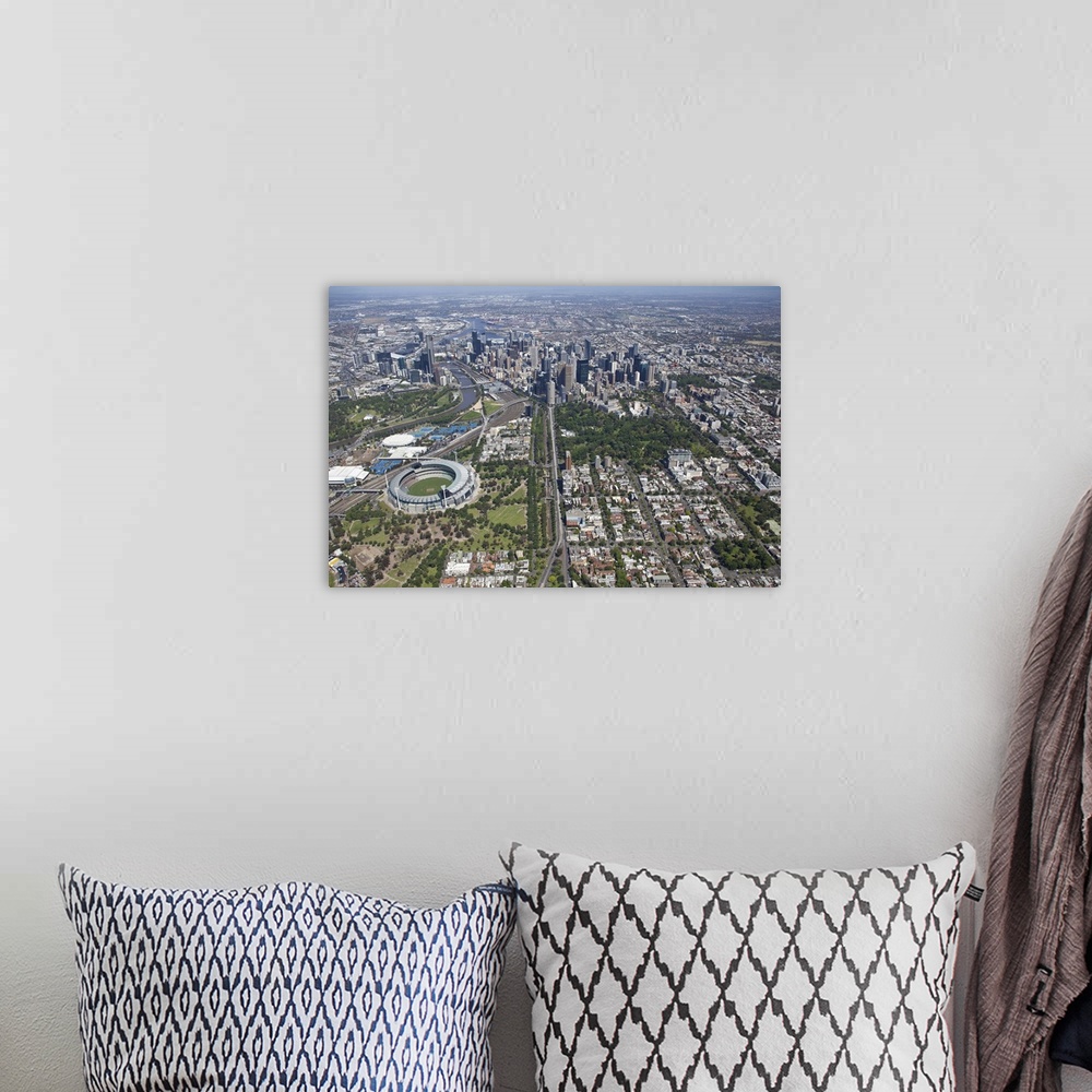 A bohemian room featuring City Skyline from Melbourne Park, Melbourne, Australia - Aerial Photograph