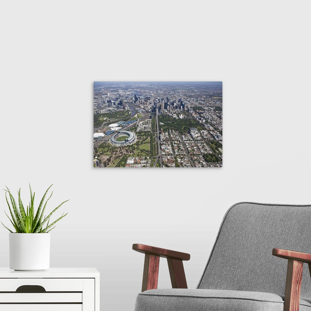A modern room featuring City Skyline from Melbourne Park, Melbourne, Australia - Aerial Photograph