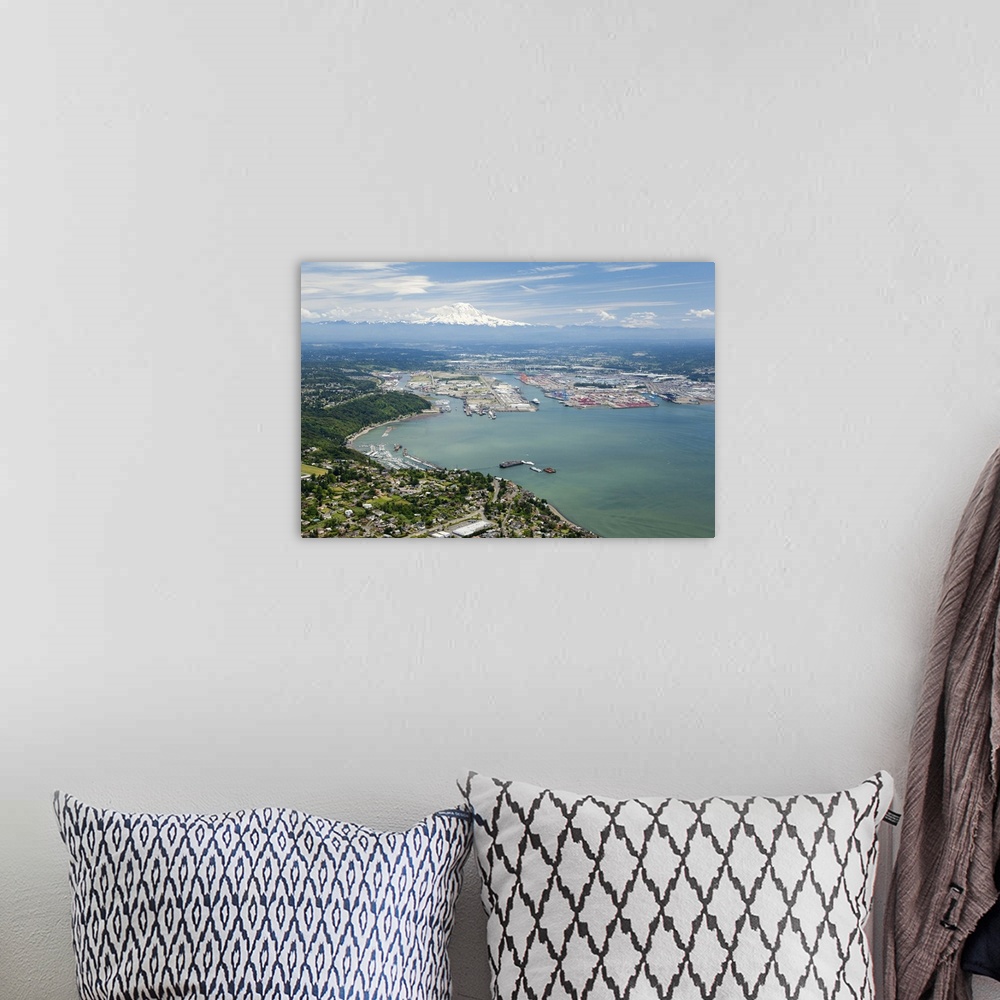 A bohemian room featuring Commencement Bay and Mount Rainier, WA, USA - Aerial Photograph