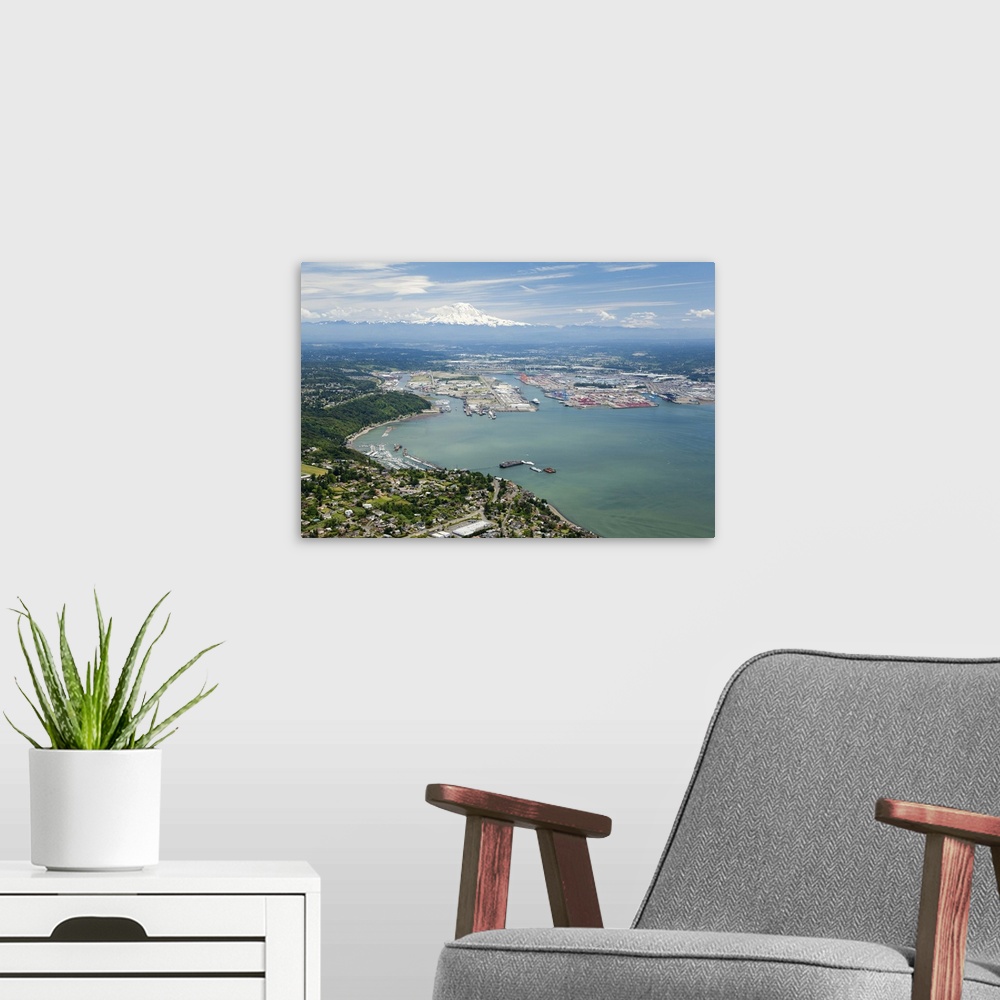 A modern room featuring Commencement Bay and Mount Rainier, WA, USA - Aerial Photograph