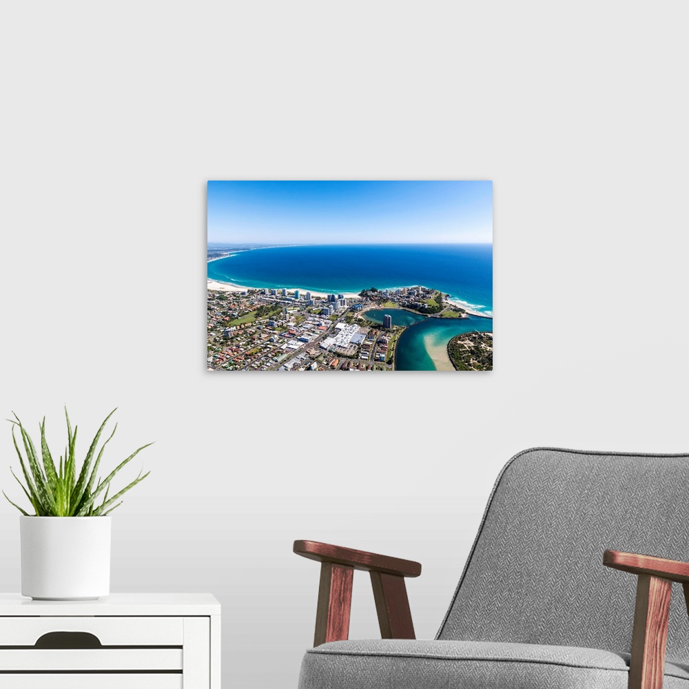 A modern room featuring Aerial view of Coolangatta, with Tweed Heads also in view.